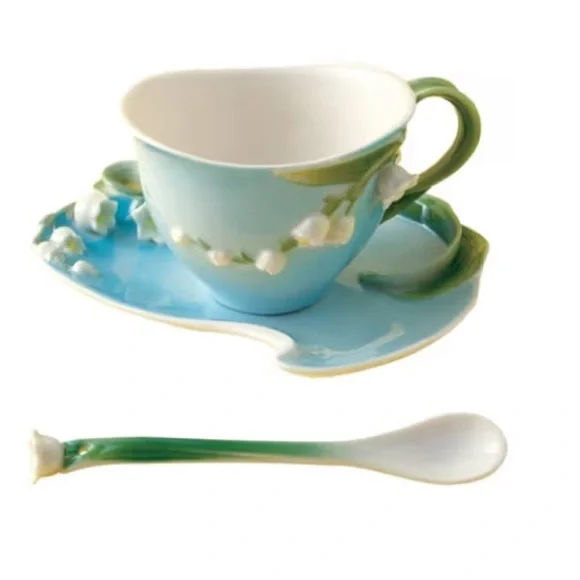 NWOT Two’s Company Teacup Saucer Spoon Set Garden Tea Cottagecore Lily Of Valley - Picture 13 of 13